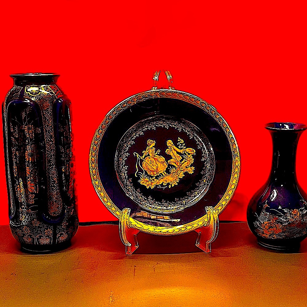 Limoges 22kt gold painted cobalt blue plate